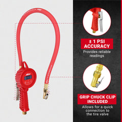 Milton 555e 20-inch hose extending reach for effortless vehicle tire inflation.