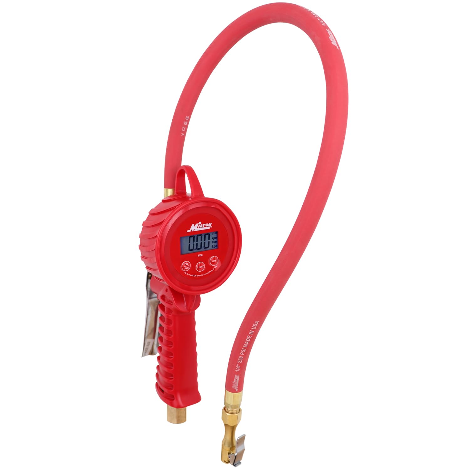 Milton 555e inflator with backlit display for easy tire pressure readings.