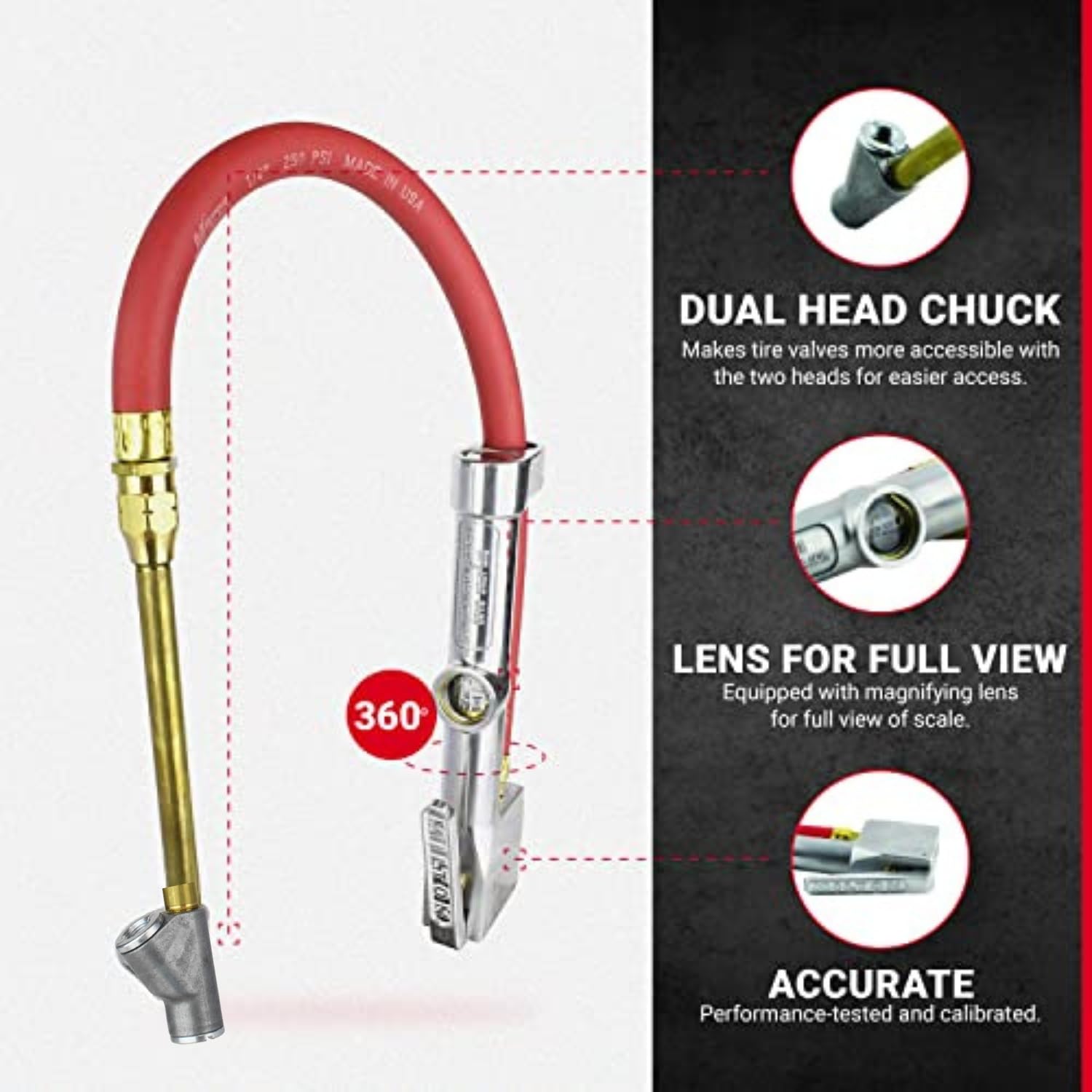 Full-swivel chuck eases tire valve access.