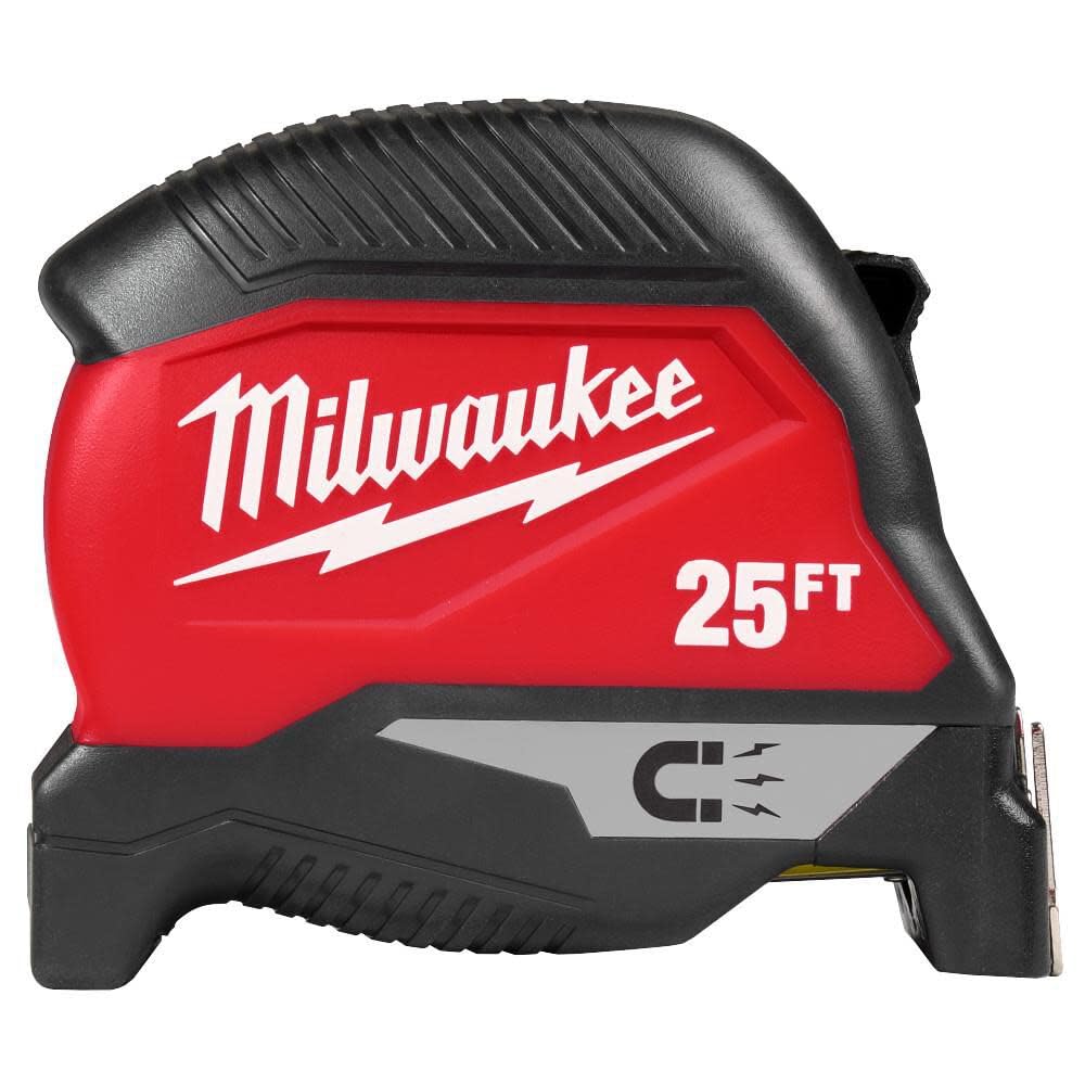 Milwaukee Electric 25ft tape measure blade close-up for precise readings