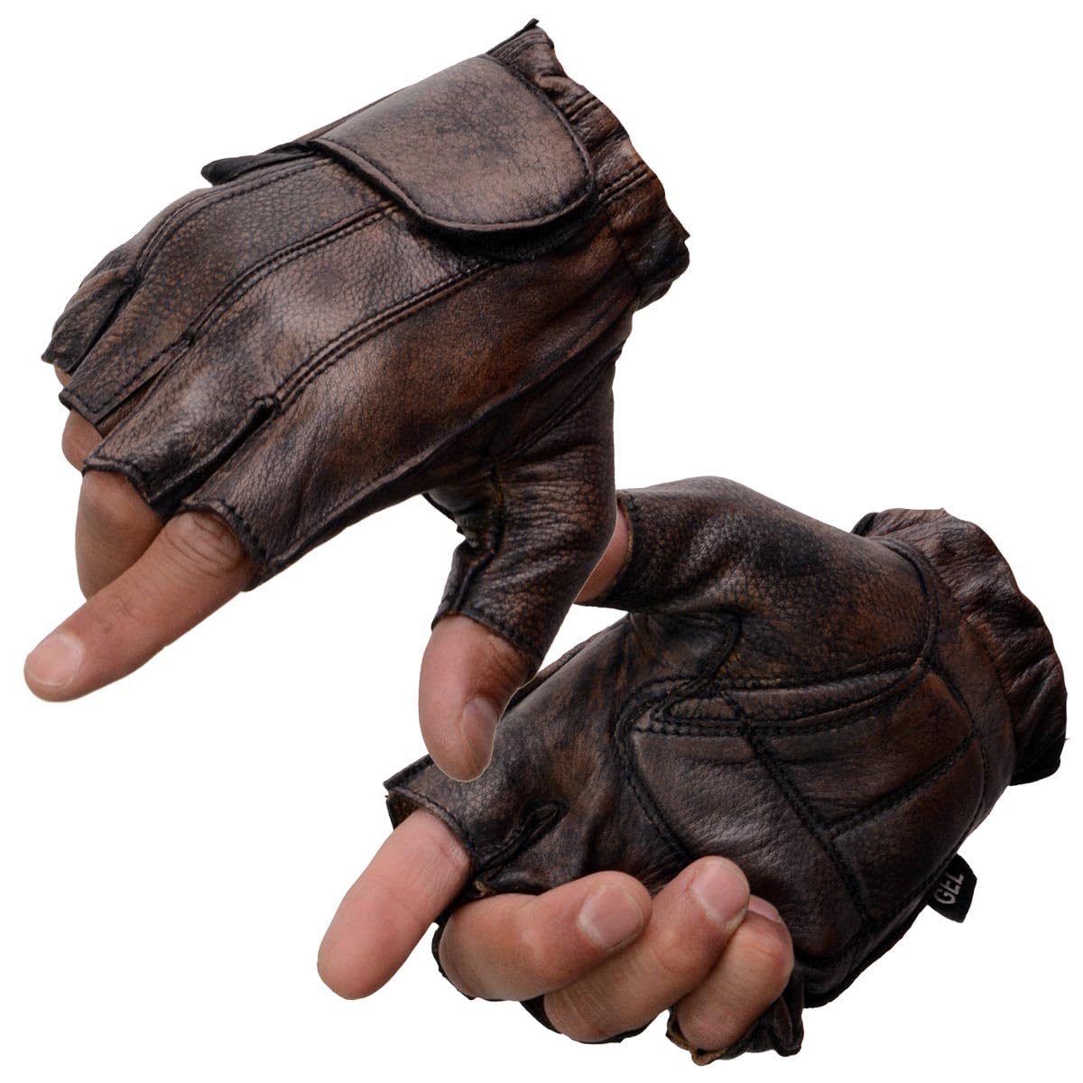 Milwaukee Leather distressed brown fingerless gloves with rugged look and tactile grip