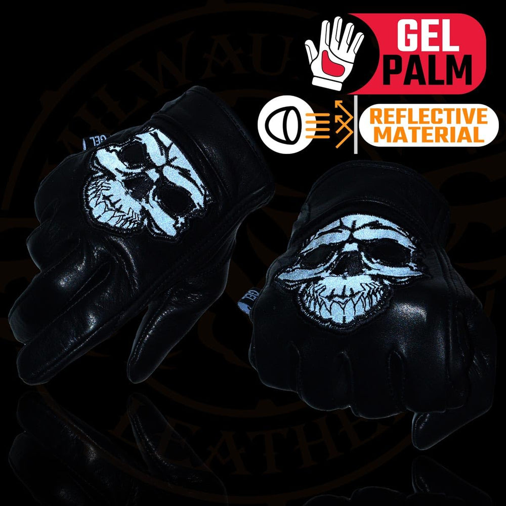 Milwaukee Leather glove with reflective skull embroidery for night visibility.