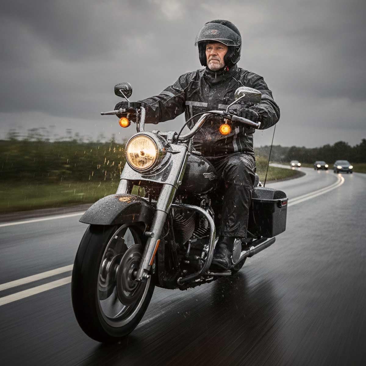 Milwaukee Leather MPM9510 rain suit side view showing lightweight Oxford nylon and full-leg zipper