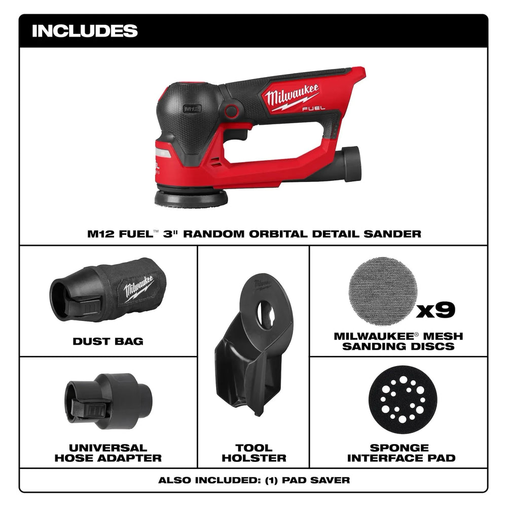 Milwaukee M12 Fuel 3-Inch Orbital Detail Sander with dust-control feature on surface