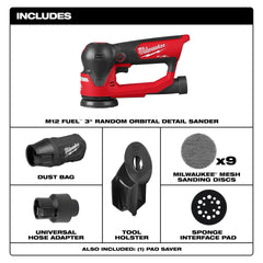 Milwaukee M12 Fuel 3-Inch Orbital Detail Sander with dust-control feature on surface