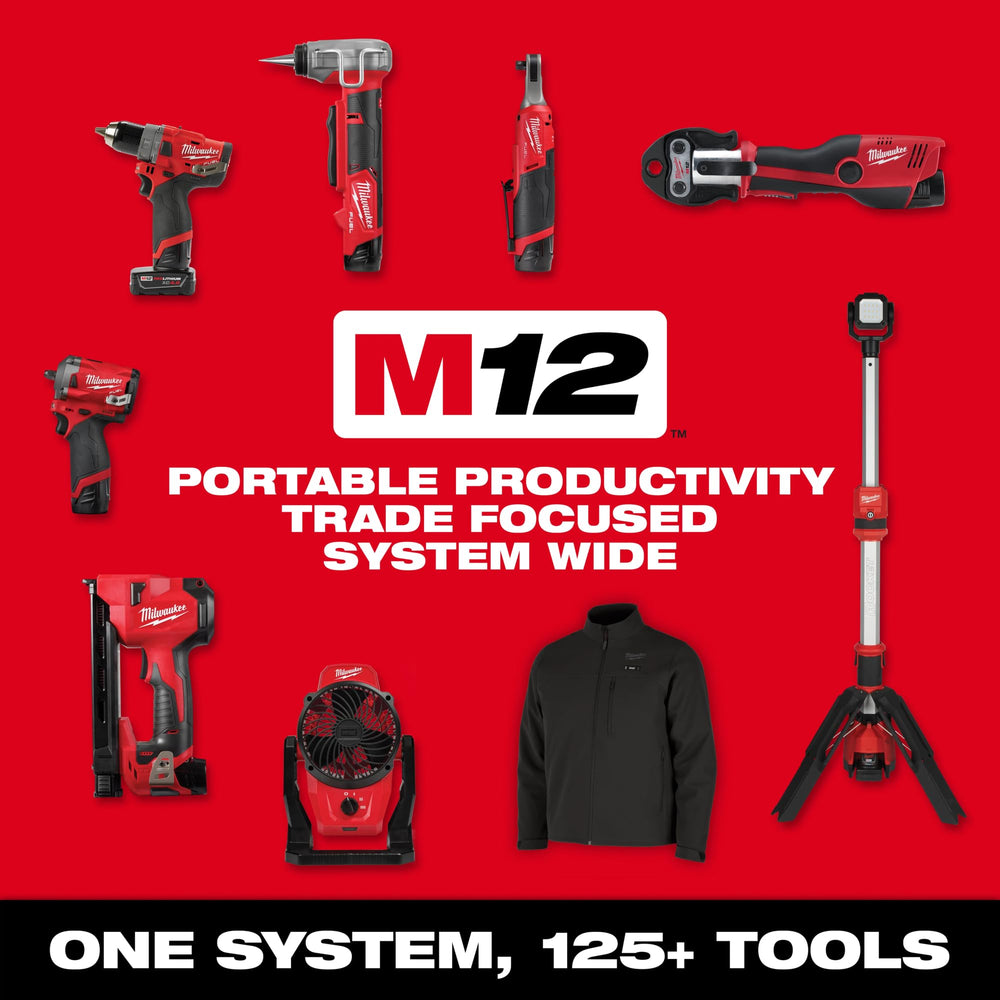 Milwaukee M12 battery with Redlink technology offering overload protection and longer life.