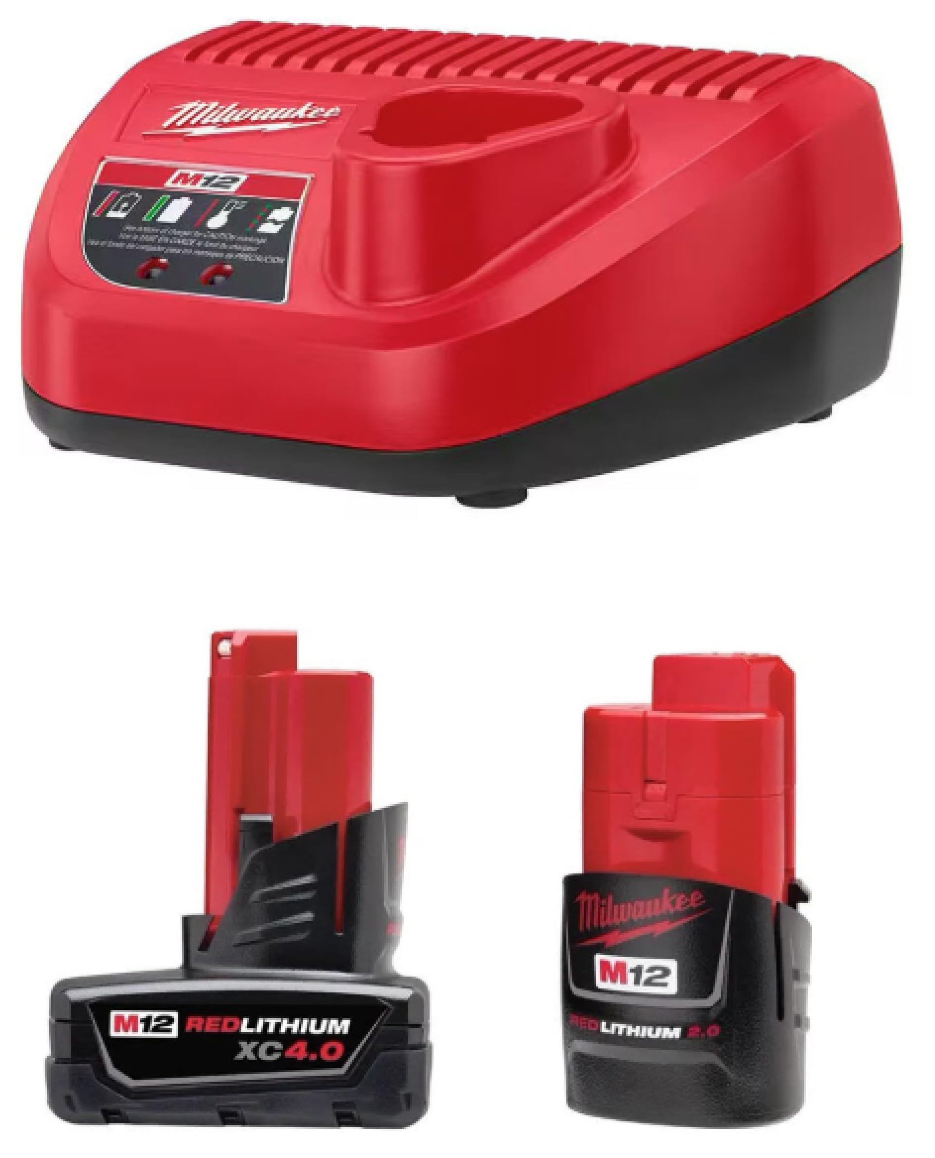 Milwaukee M12 starter pack with 4.0Ah/2.0Ah batteries and charger for on-the-go power.