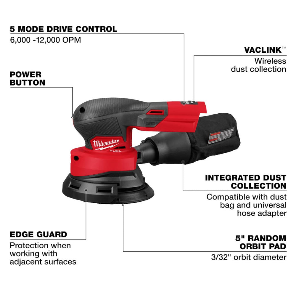 Milwaukee M18 FUEL 5-Inch sander side view ideal for tight spaces