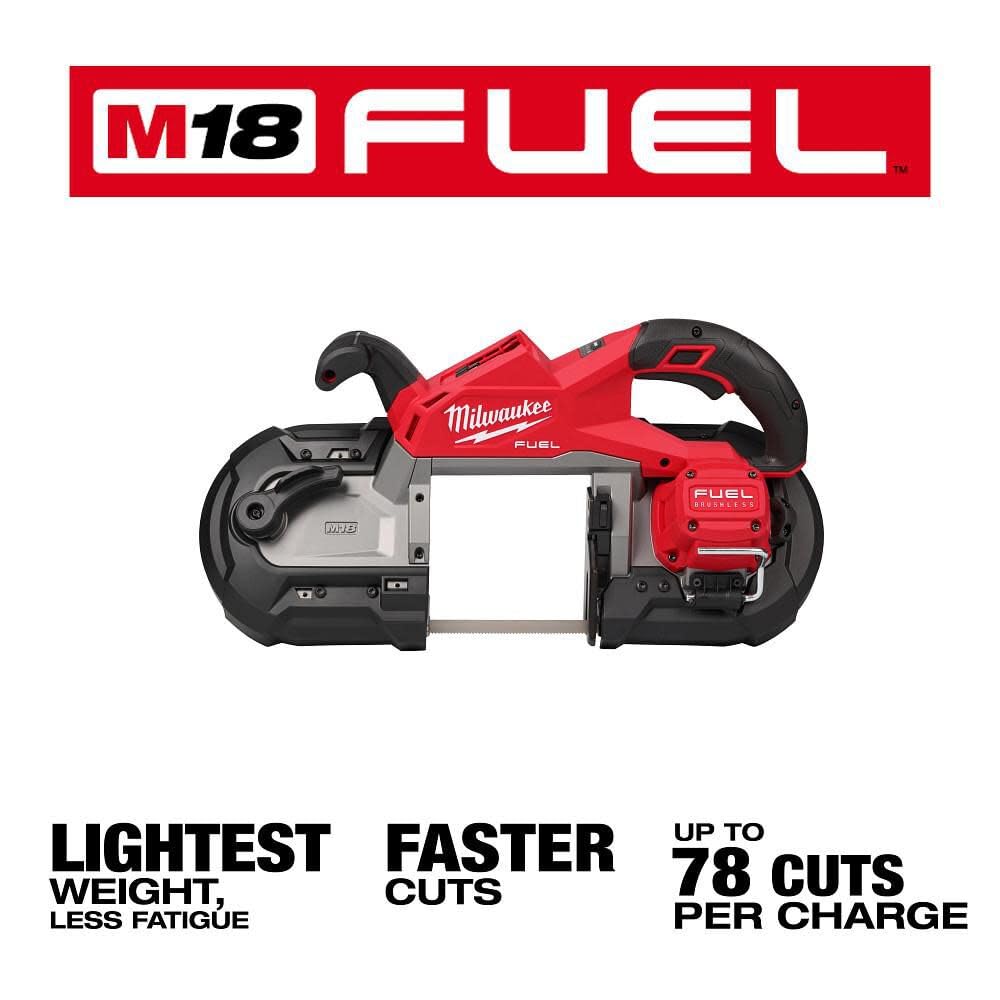 Milwaukee M18 FUEL Deep Cut Band Saw side view highlights ergonomic grip for long runs