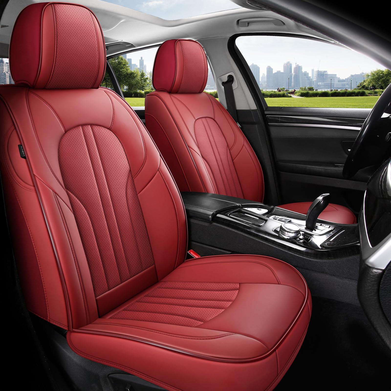MINGBRON front seat covers close-up stitching shows durable faux leather feel and protection.