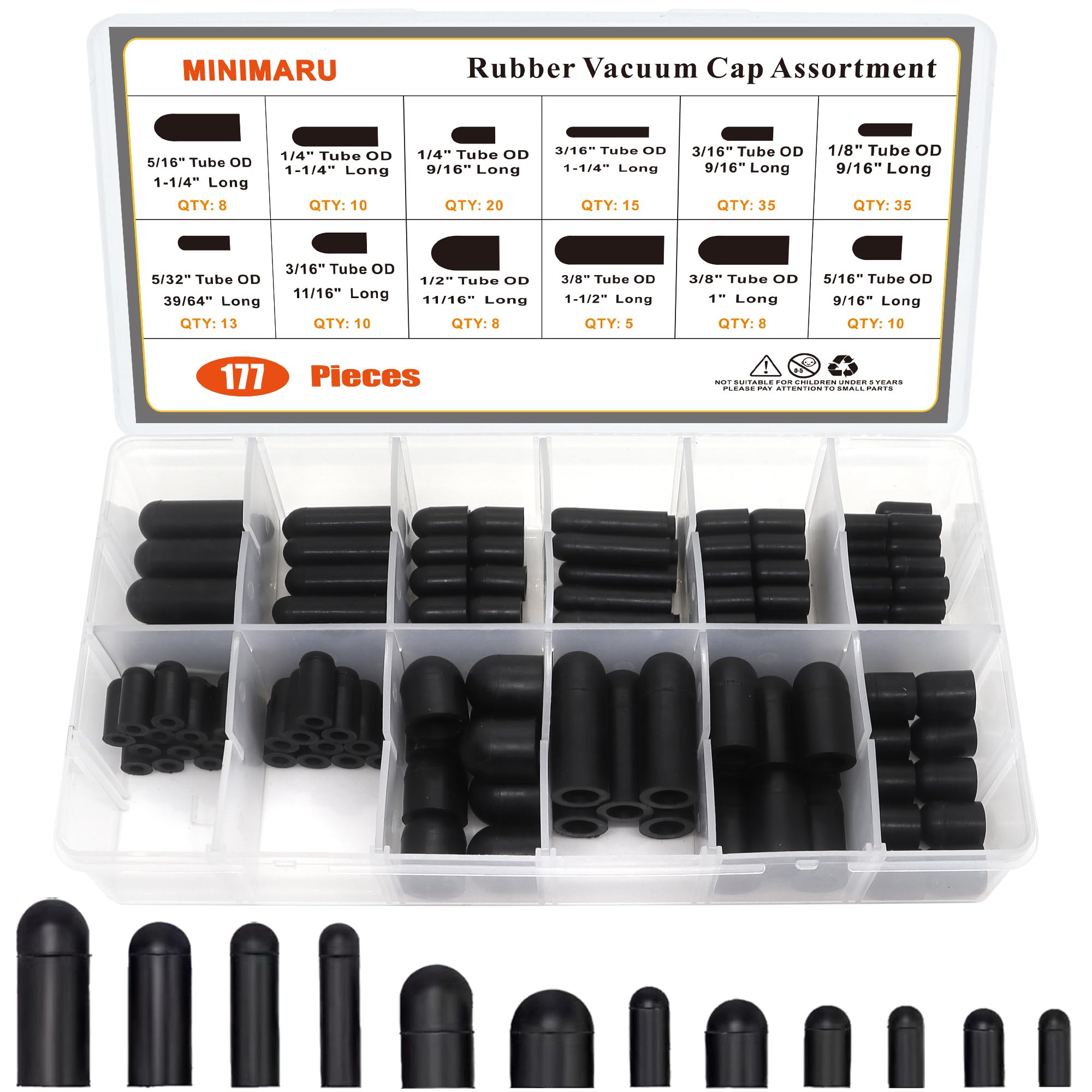 MINIMARU vacuum cap kit overview with 177 pieces in a clear case.
