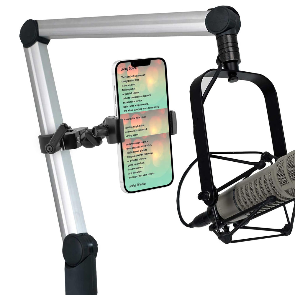 Mippko phone holder on a microphone stand mount provides flexible positioning for recording.