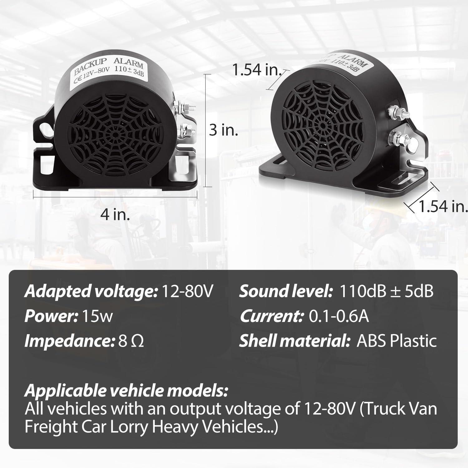MIRKOO backup alarm volt-range 12-80v supports universal compatibility for DC vehicles.