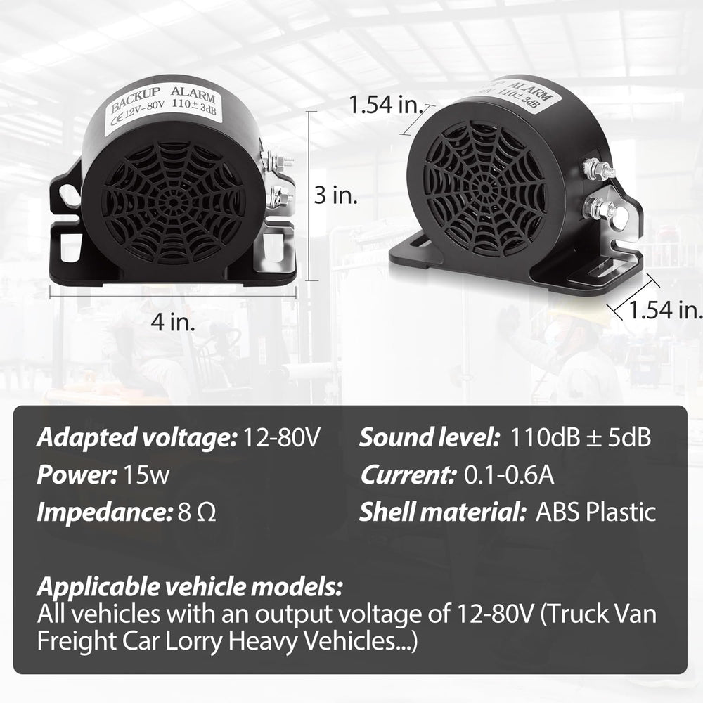 MIRKOO backup alarm volt-range 12-80v supports universal compatibility for DC vehicles.