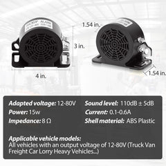 MIRKOO backup alarm volt-range 12-80v supports universal compatibility for DC vehicles.