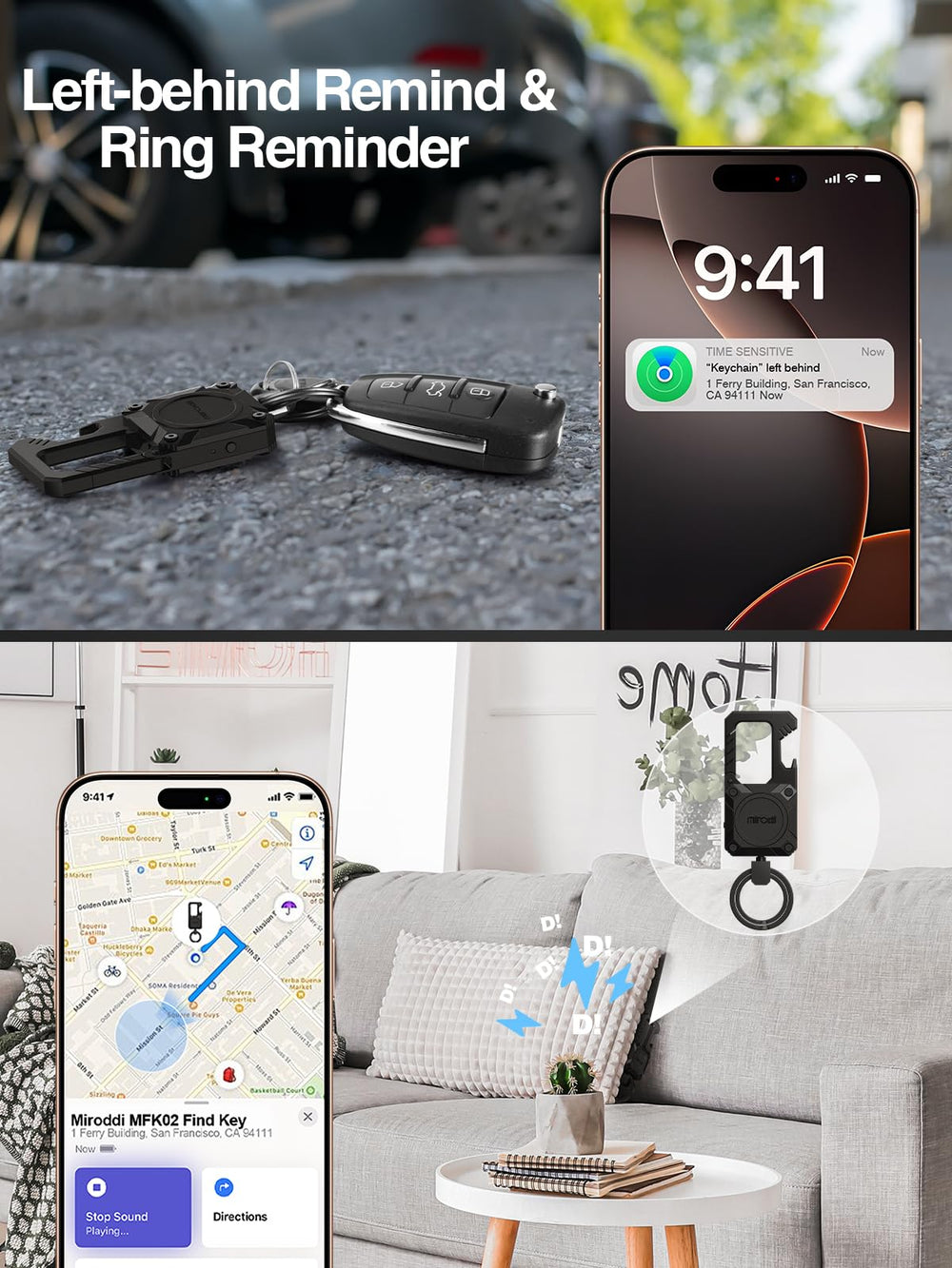 Miroddi keychain tracker pairing with Find My on iPhone to locate keys