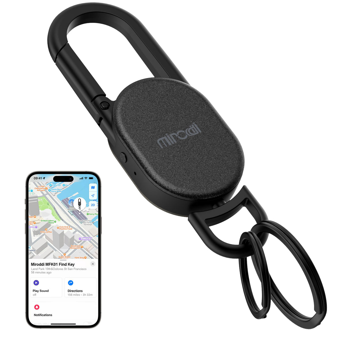 Miroddi Keychain Tracker with Find My setup for quick iPhone locating