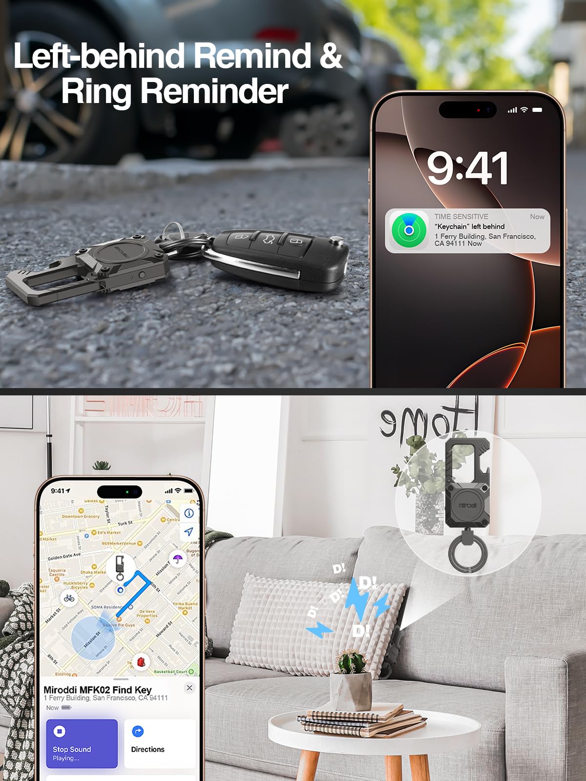 Miroddi keychain tracker IP67 waterproof finish resists rain and splashes.