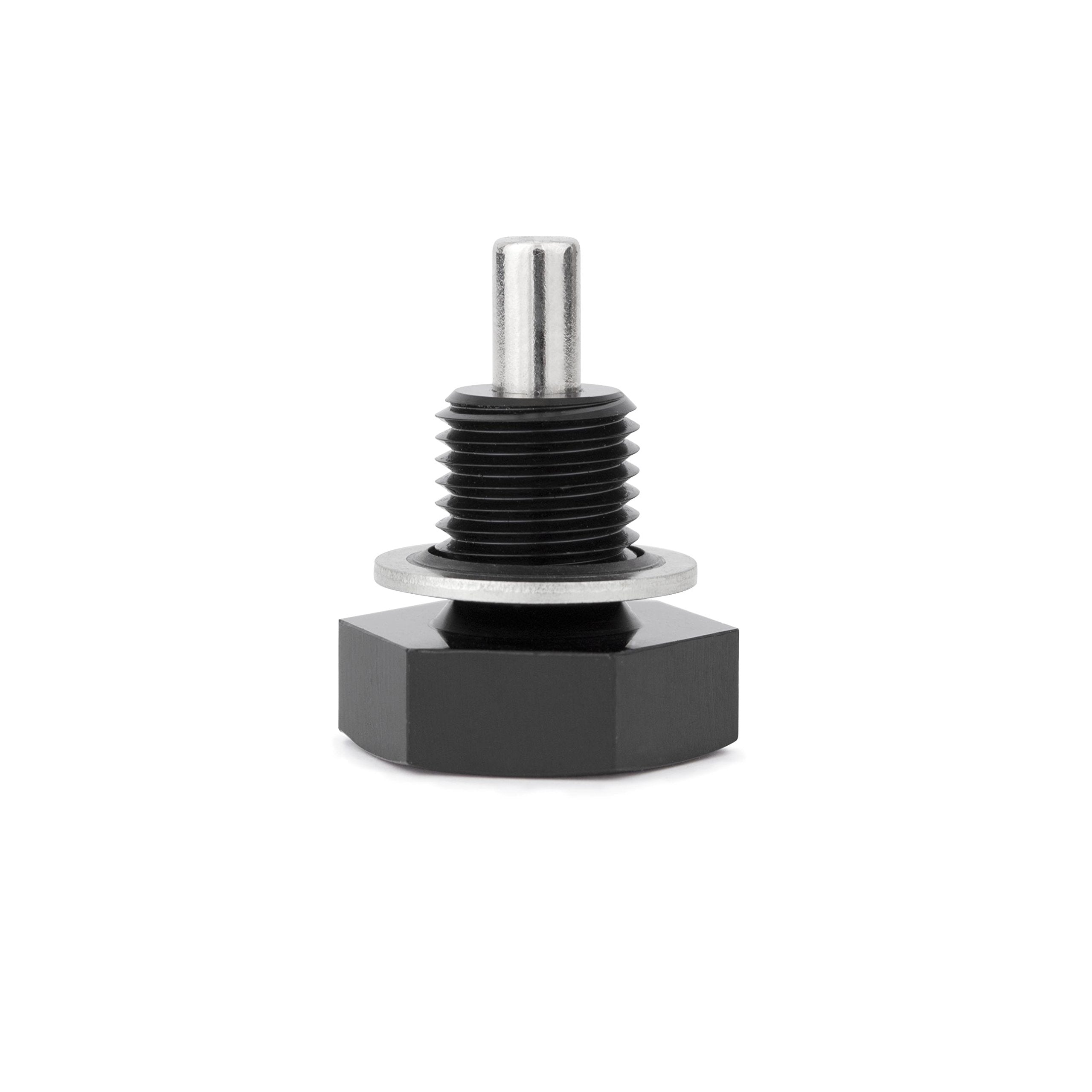 Mishimoto MMODP-1415B magnetic oil drain plug with black finish attracting metal debris for cleaner oil