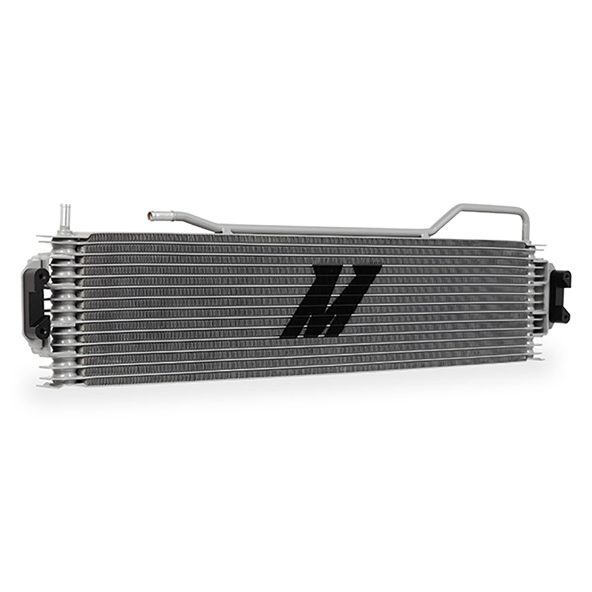 Mishimoto MMTC-K2-14 transmission cooler close-up showing stacked-plate core for heat dissipation.