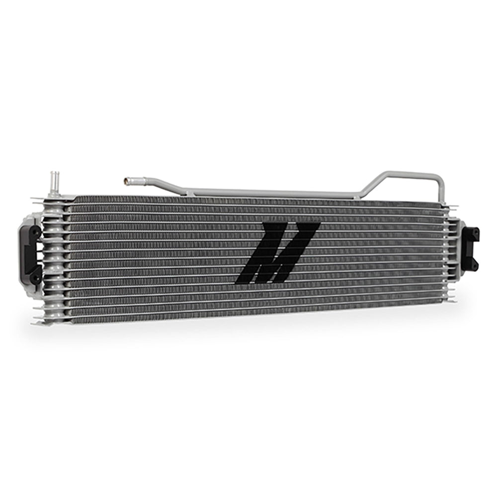 Mishimoto MMTC-K2-14 transmission cooler close-up showing stacked-plate core for heat dissipation.