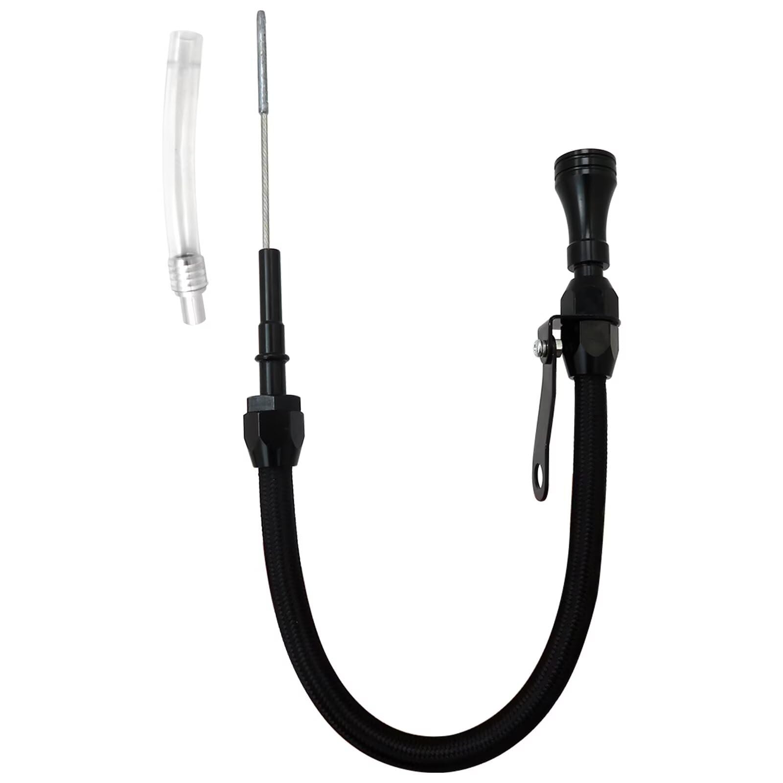 Misimain flexible oil dipstick in black aluminum for LS engines, easy oil level checks.