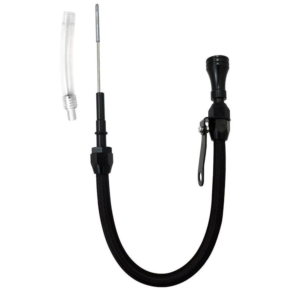 Misimain flexible oil dipstick in black aluminum for LS engines, easy oil level checks.