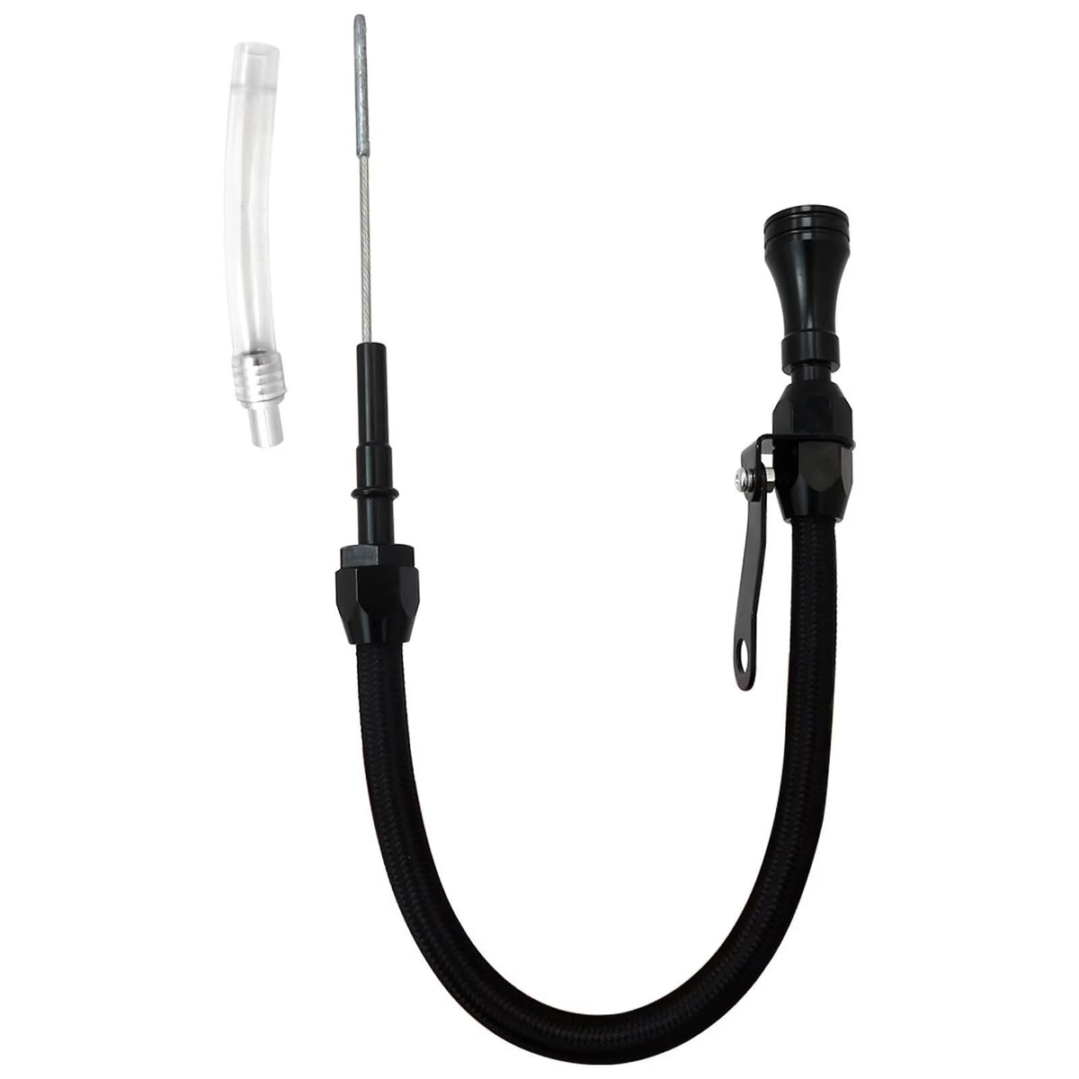 Misimain flexible oil dipstick in black aluminum for LS engines, easy oil level checks.