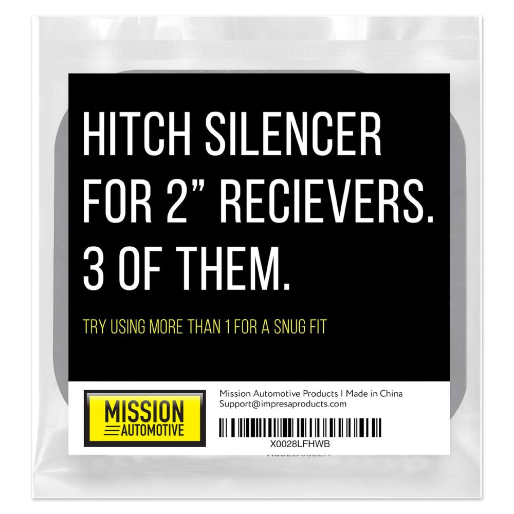 Mission Automotive 2-Inch silencer pad in receiver image demonstrates broad compatibility.