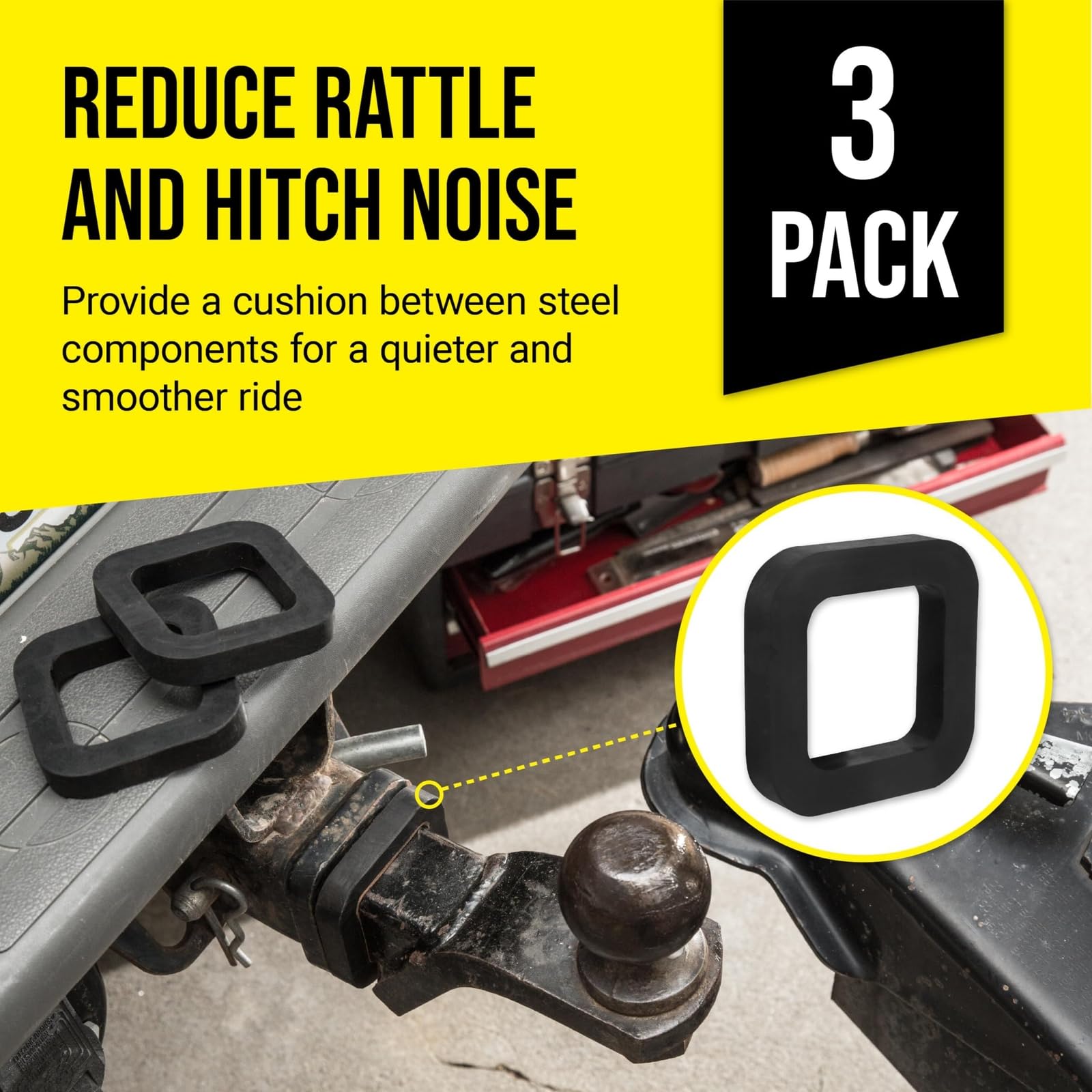 Mission Automotive 2-Inch silencer pad side view highlights vibration dampening for smoother towing.