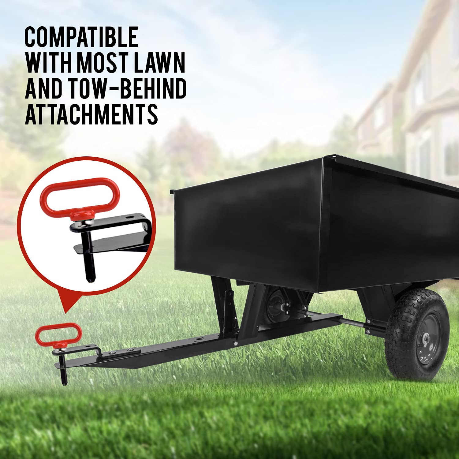 Mission Automotive magnetic hitch pin in use on a lawn mower for fast hitching.