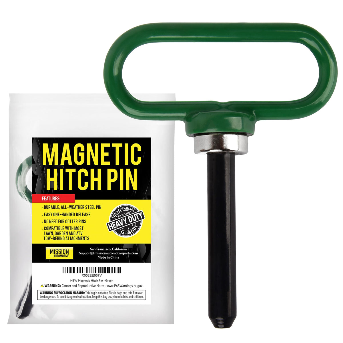 Mission Automotive magnetic hitch pin secures lawn gear with a strong magnetic connection.