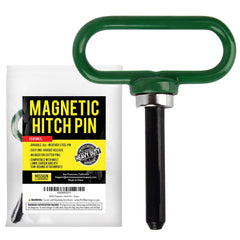 Mission Automotive magnetic hitch pin secures lawn gear with a strong magnetic connection.