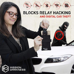 Mission Darkness Faraday Bag keyfob open shows quick access while shielding other devices