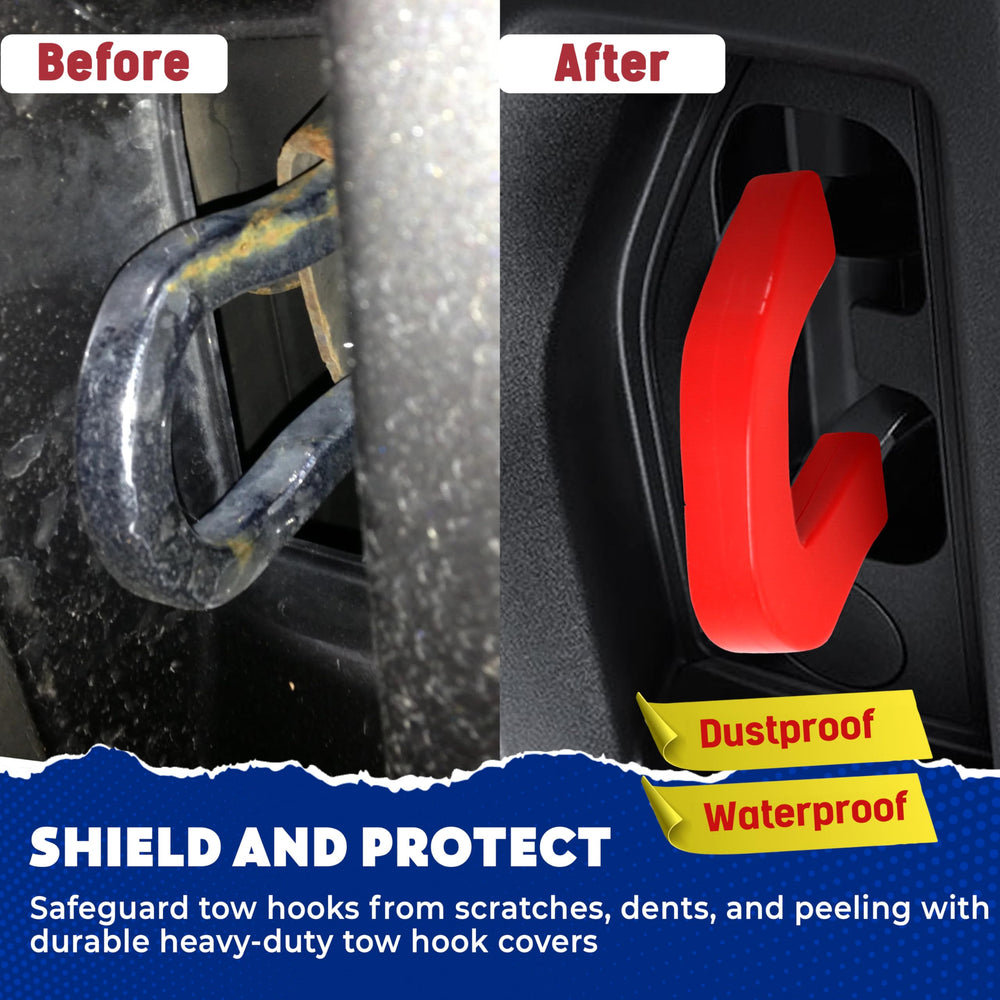 Red silicone tow hook cover close-up showing durable material and color