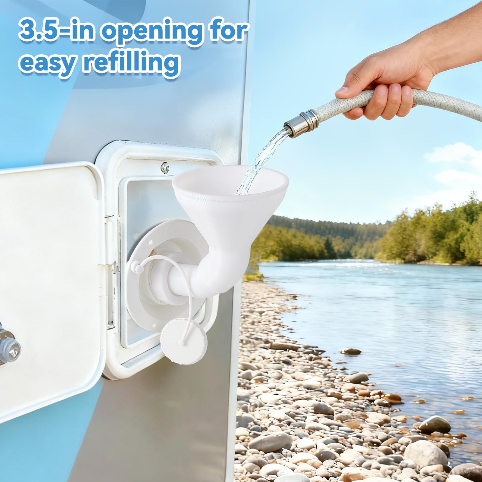 MITCHENIFY RV Water Inlet Funnel deep design guides water directly into the tank.