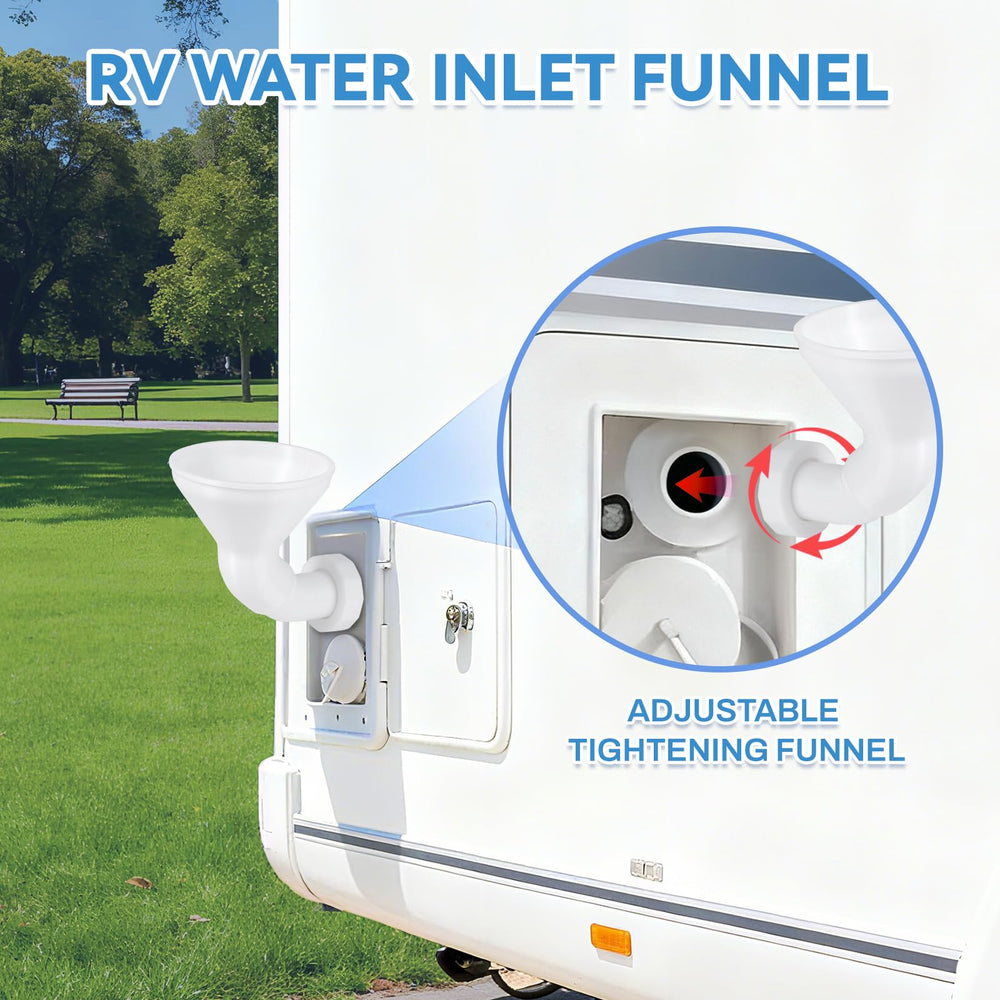 MITCHENIFY RV Water Inlet Funnel hands-free design simplifies busy campsite fills.