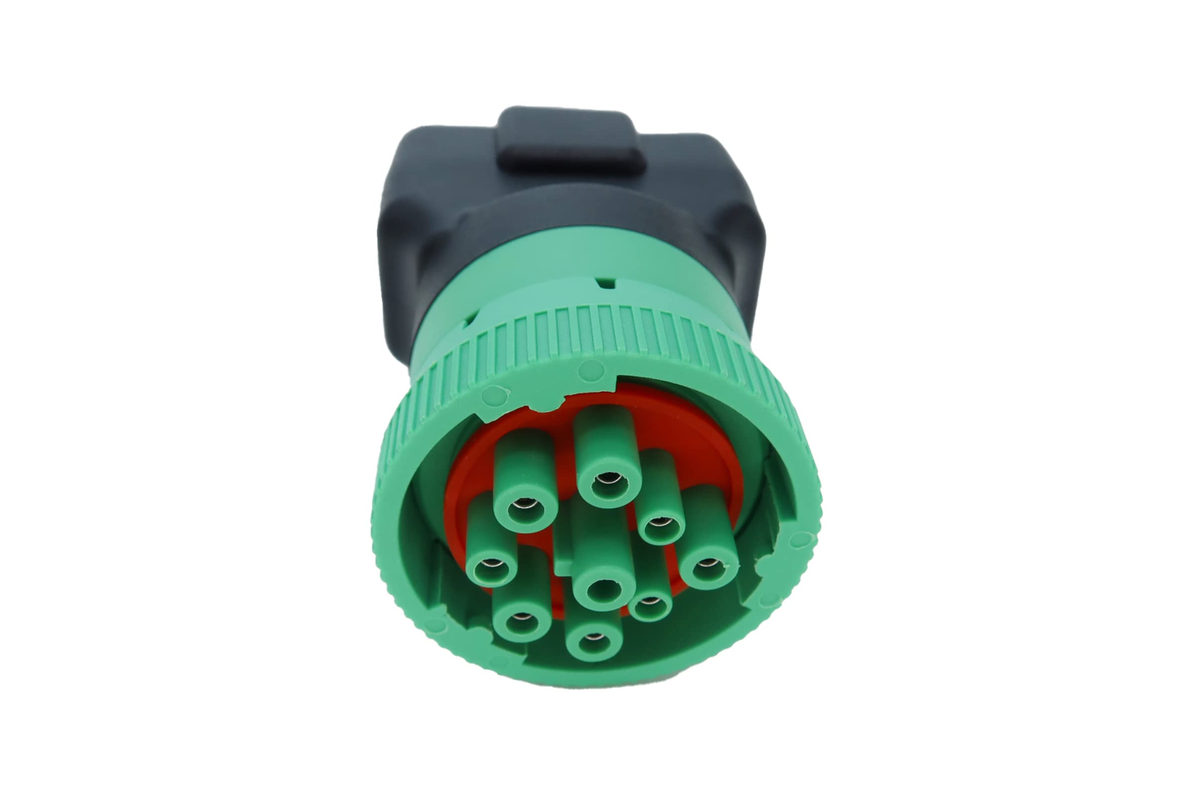 MITOB green 9pin J1939 to OBD2 adapter detail close-up.