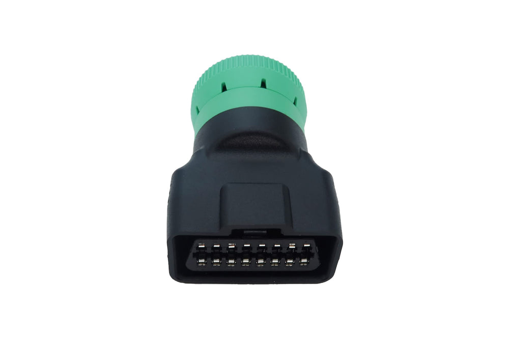 MITOB green 9pin J1939 to OBD2 adapter packaging-ready display.
