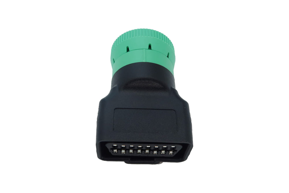 MITOB green 9pin J1939 to OBD2 adapter side view for easy plug-in access.