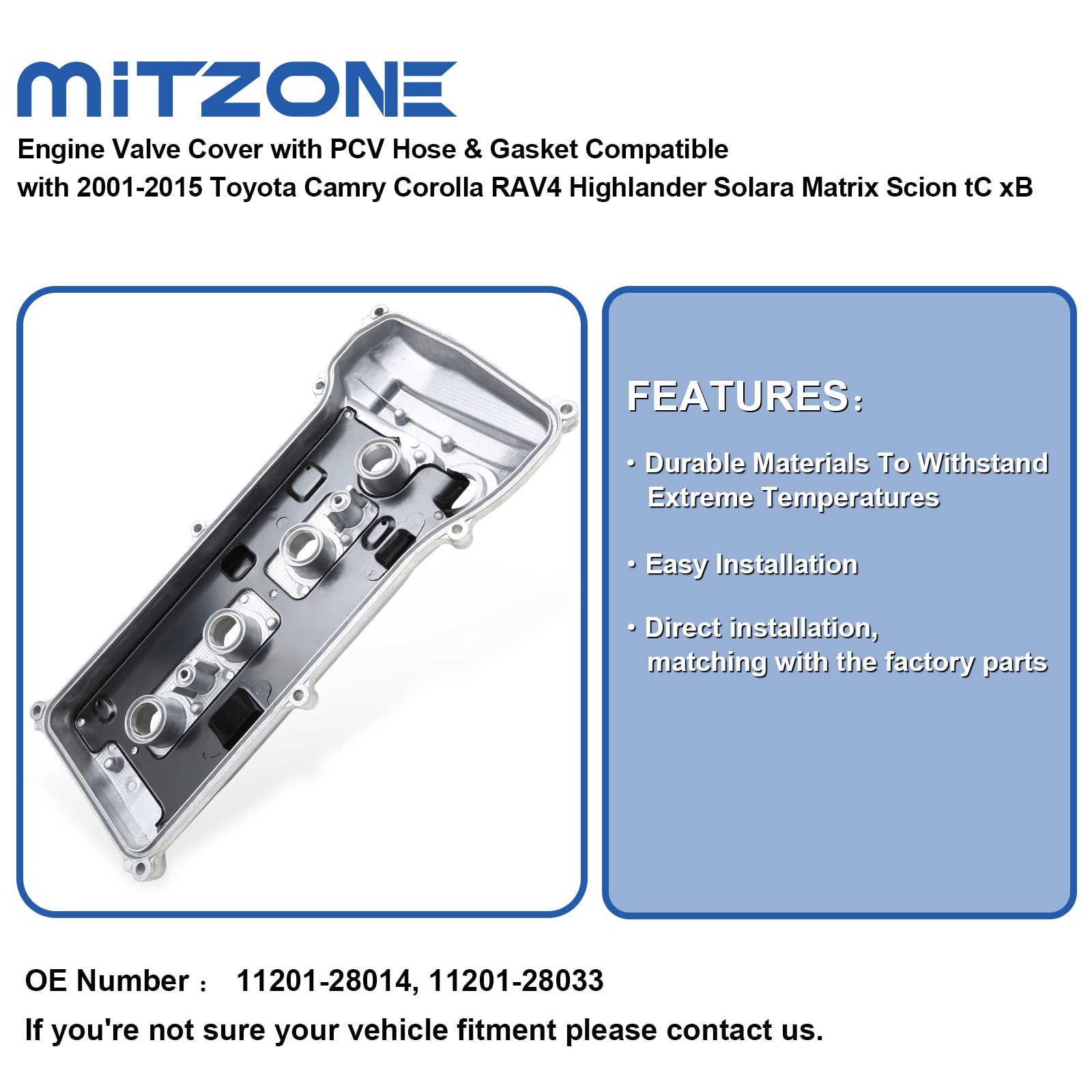 MITZONE 2AZ-FE engine fitment illustration confirms model compatibility.