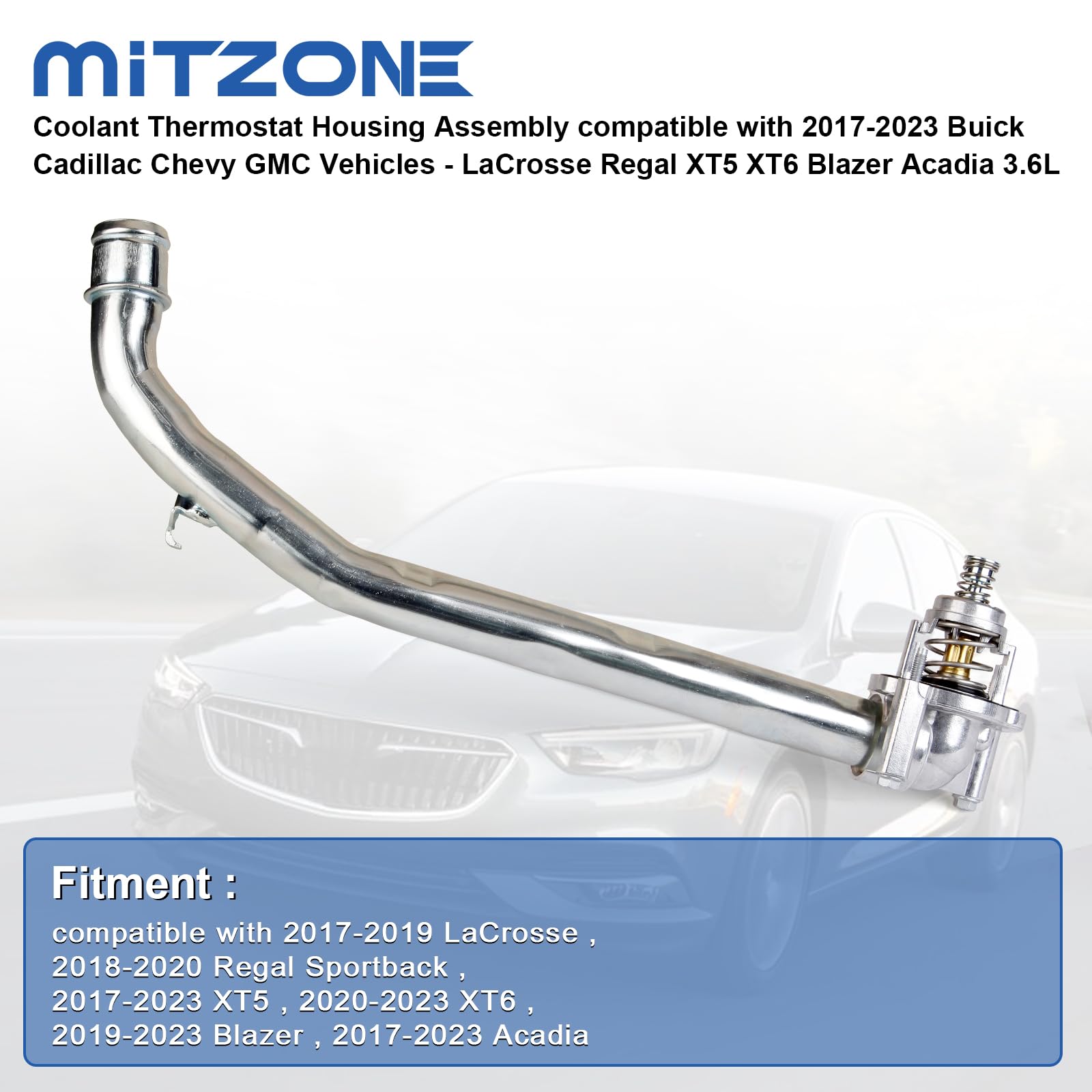 MITZONE thermostat housing packaging displays a ready-to-install kit with gasket and thermostat included