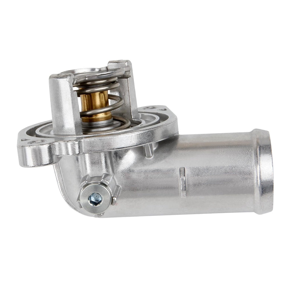 MITZONE aluminum thermostat housing engine bay view showing coolant flow control
