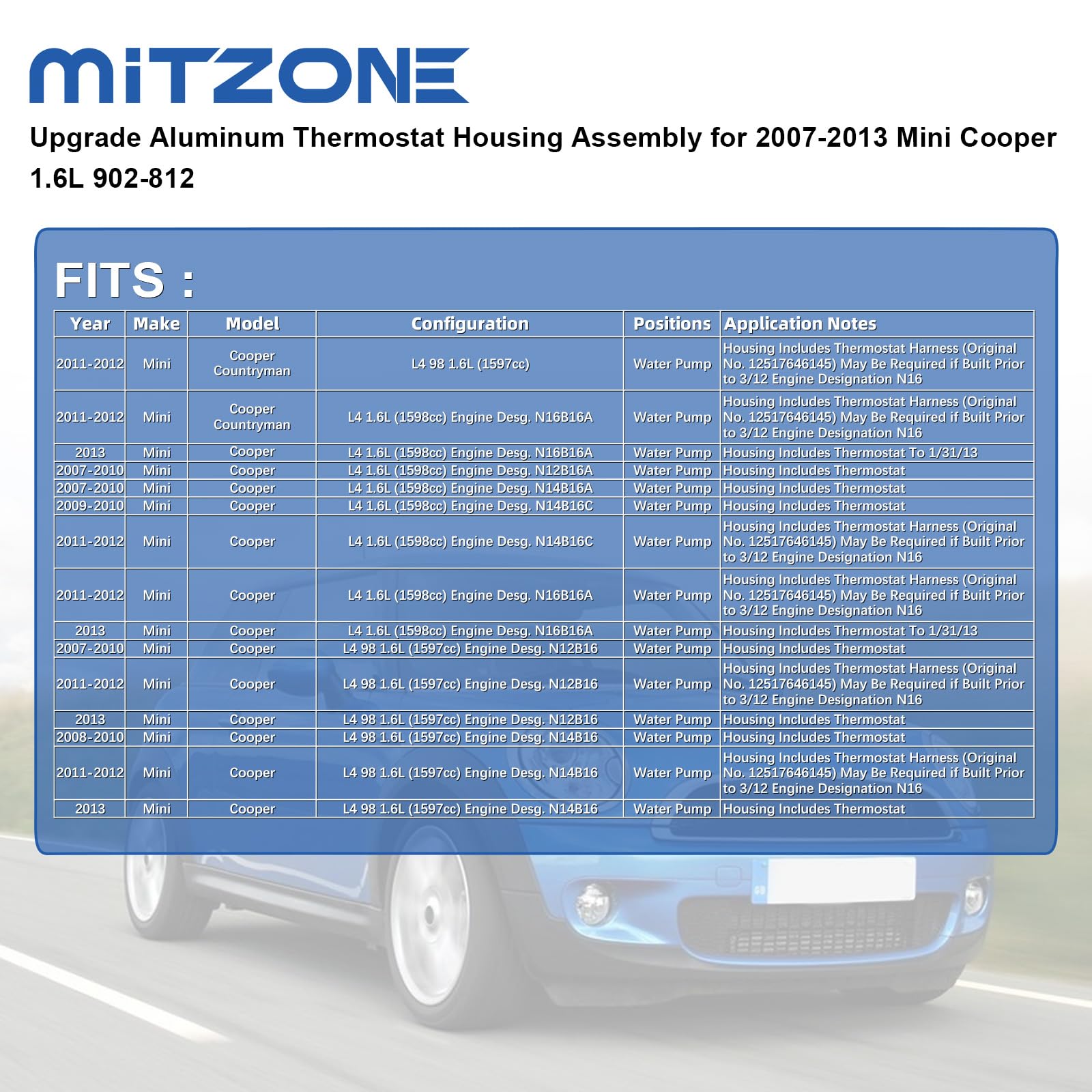 MITZONE thermostat housing installed on a Mini Cooper engine for direct fit