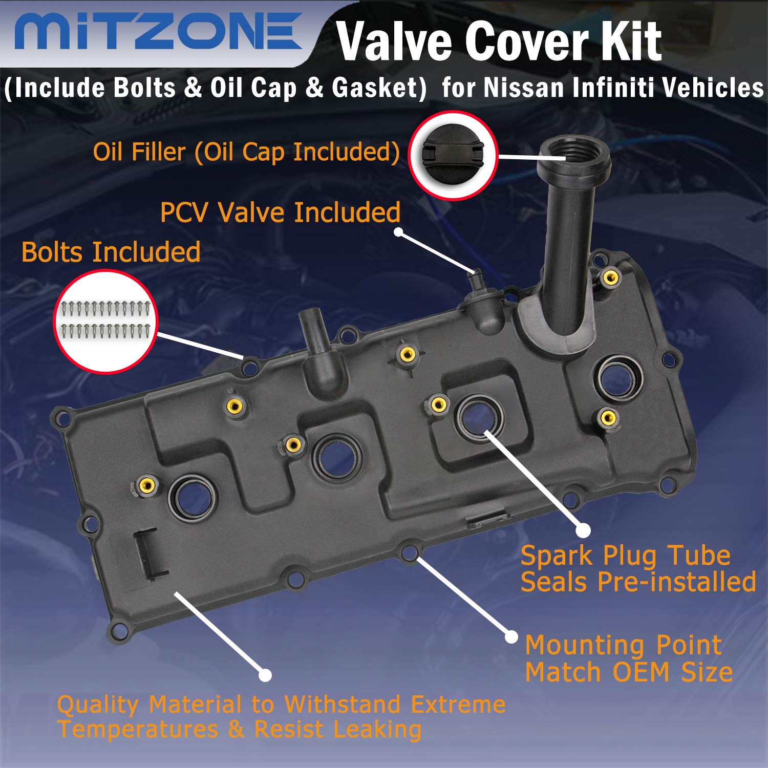MITZONE valve cover with oil cap included in complete kit