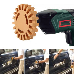 Soft rubber eraser wheel in action removing a car decal