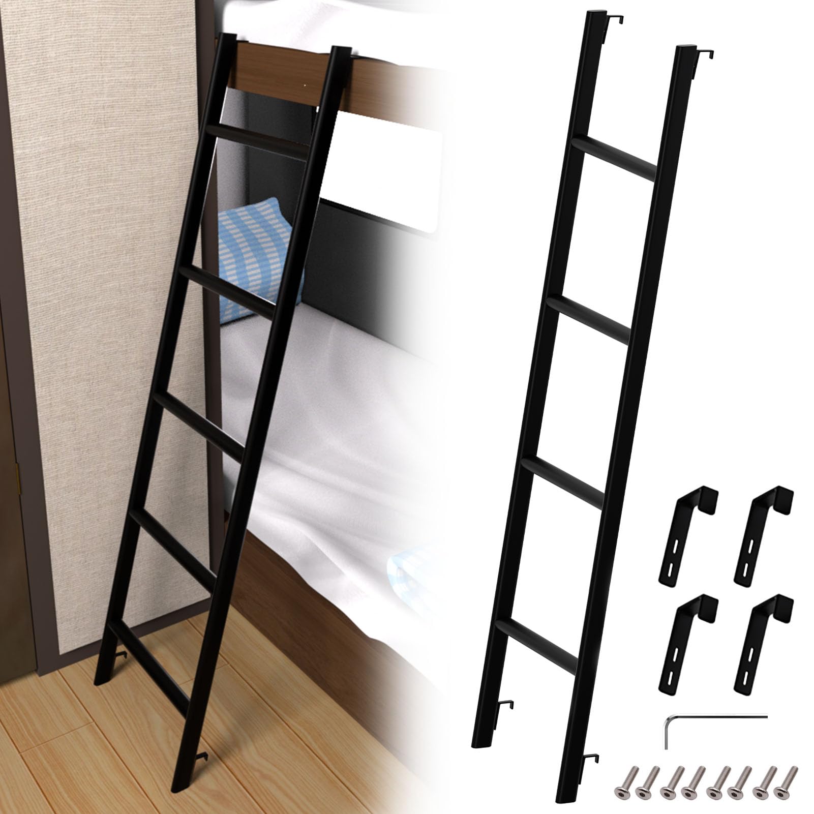 MIWOOYY RV bunk bed ladder 55inch side view shows sturdy steel construction for safe climbing.