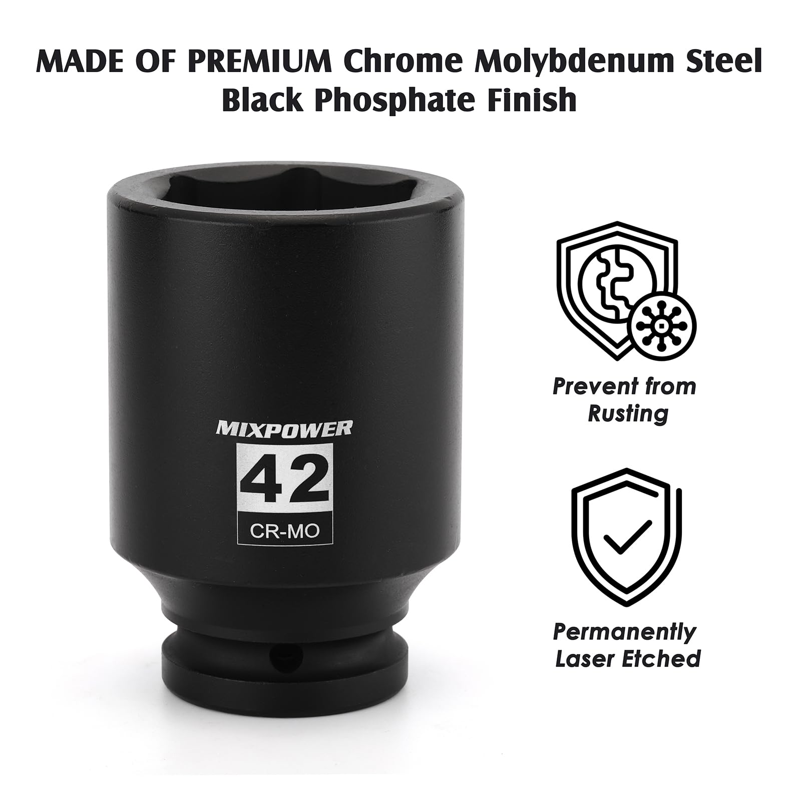 Mixpower radius-corner design socket 42mm minimizes wear during torque.