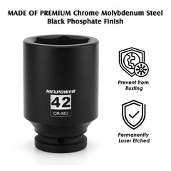 Mixpower radius-corner design socket 42mm minimizes wear during torque.