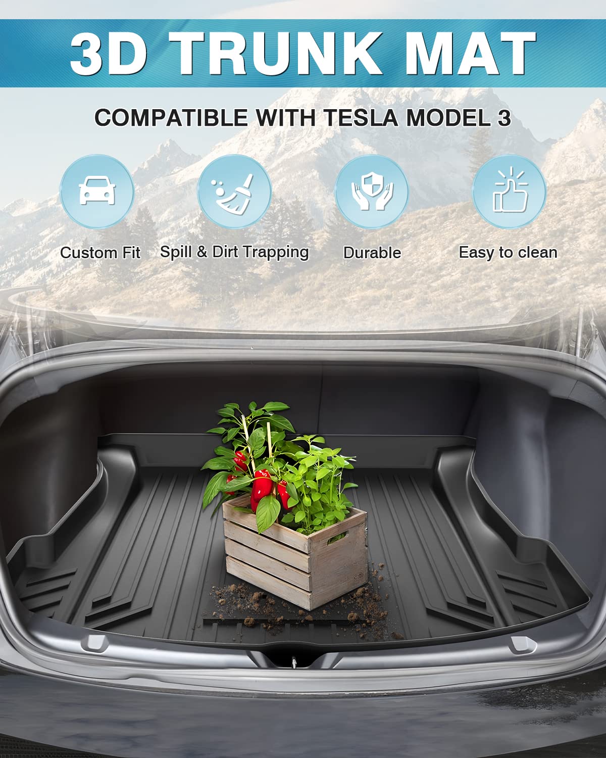 Mixsuper all-weather cargo mat for Tesla Model 3; waterproof protection against spills and wear.